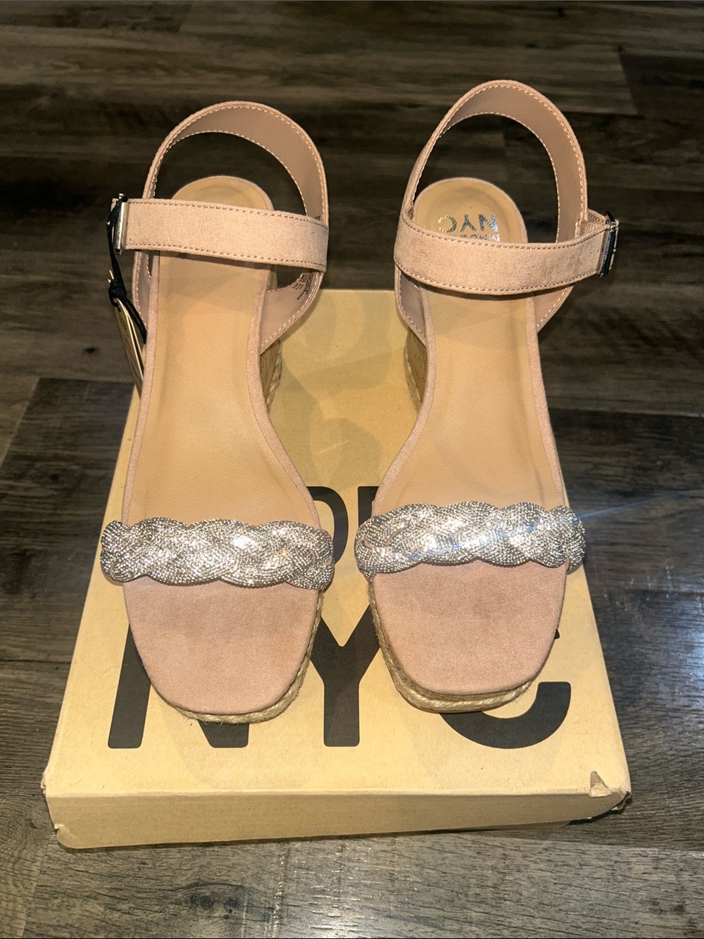 NYC Blush Suede Wedge Sandals with Silver Braided Strap